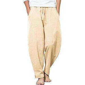 Casual Harem Pants Men Cotton Linen Beige Loose Hippie